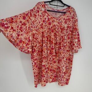 Curvy‎ Lovey Tunic Top Womens 6X Pink Floral Flutter Sleeve Boho Cottagecore